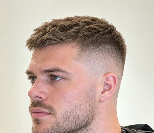 Crew cut brun avec dessus légèrement relevé