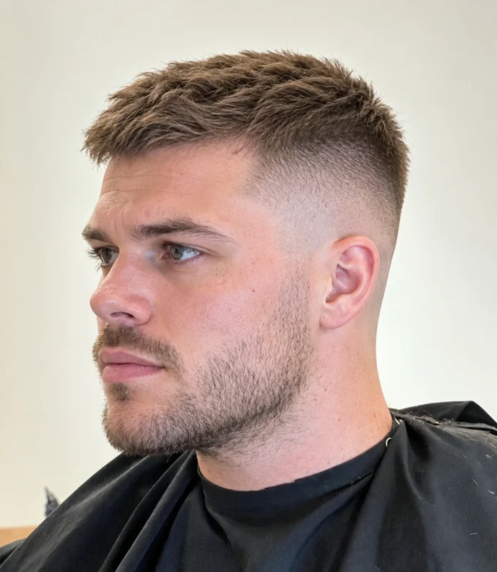 Crew cut brun avec dessus légèrement relevé