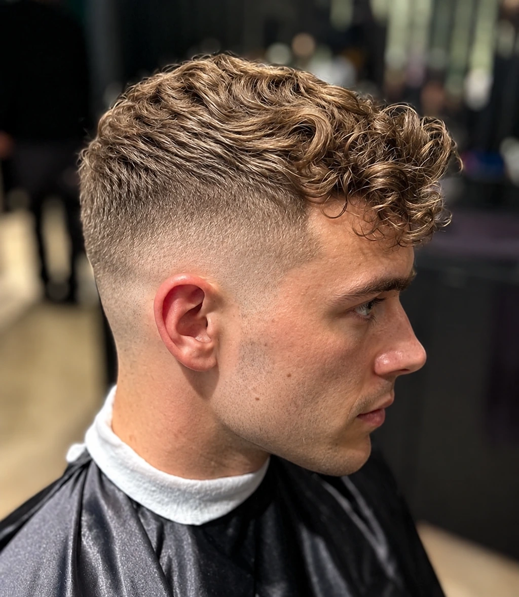 Frange bouclée blonde avec côtés courts
