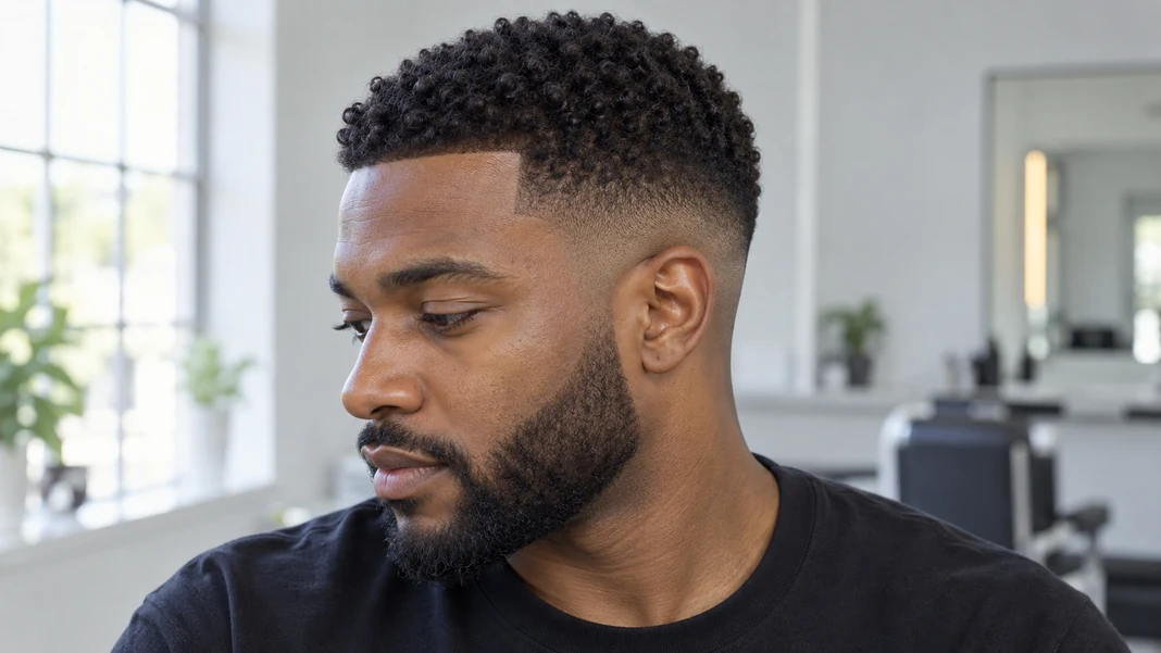 Coupe homme avec dégradé progressif et cheveux courts bouclés