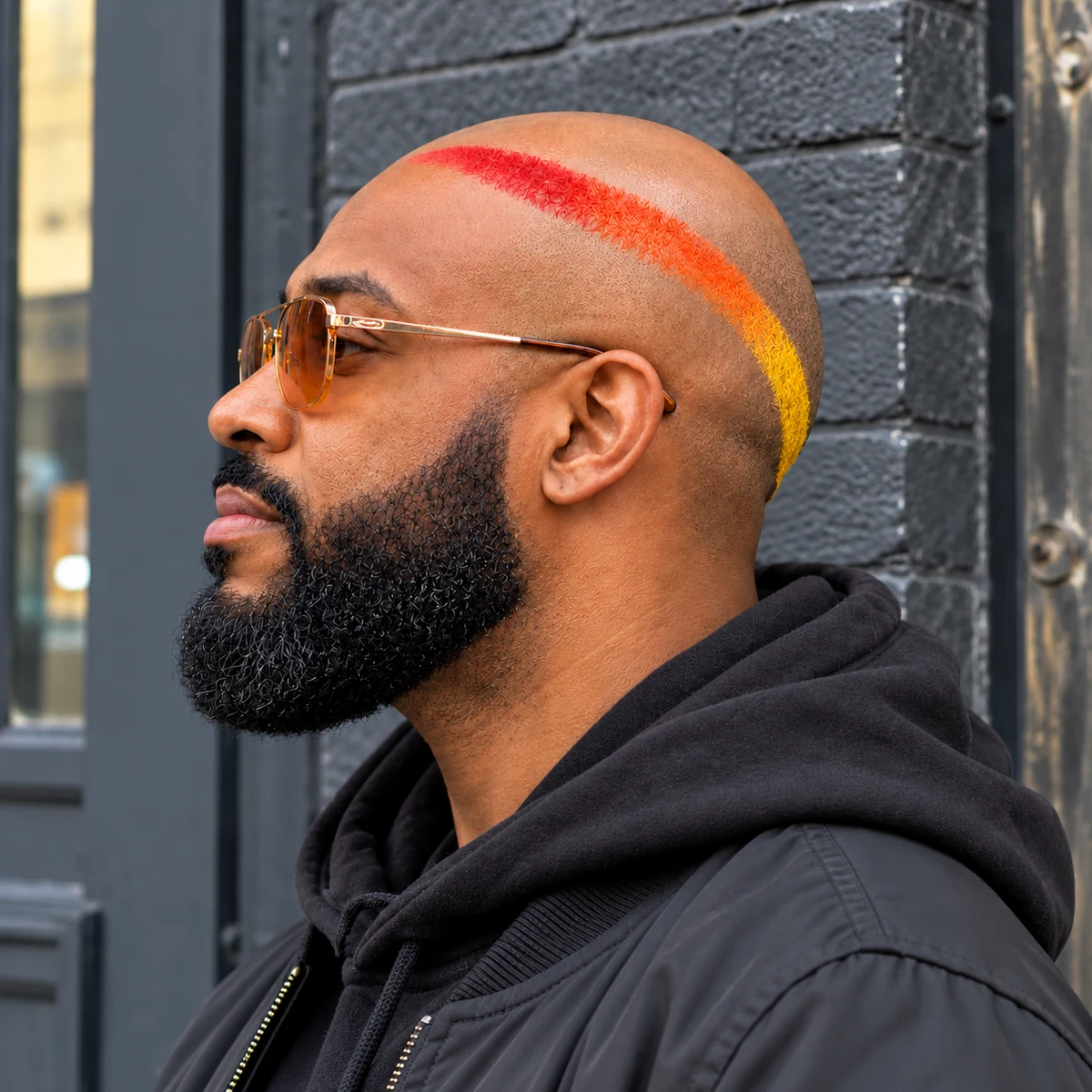 Eclipse fade avec arc de cheveux rouge, orange et jaune et barbe noire