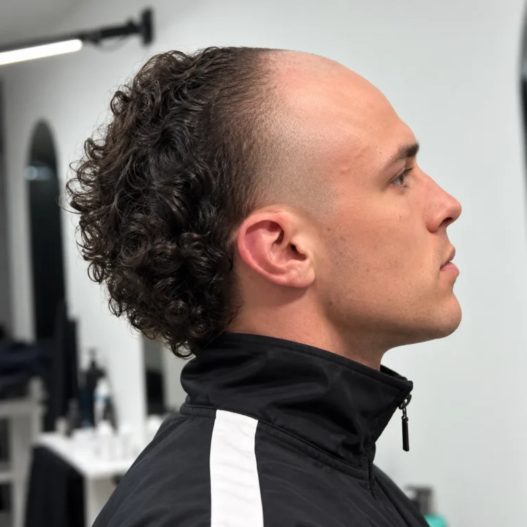 Sommet rasé et arrière bouclé avec fondu doux au-dessus de l’oreille, de profil