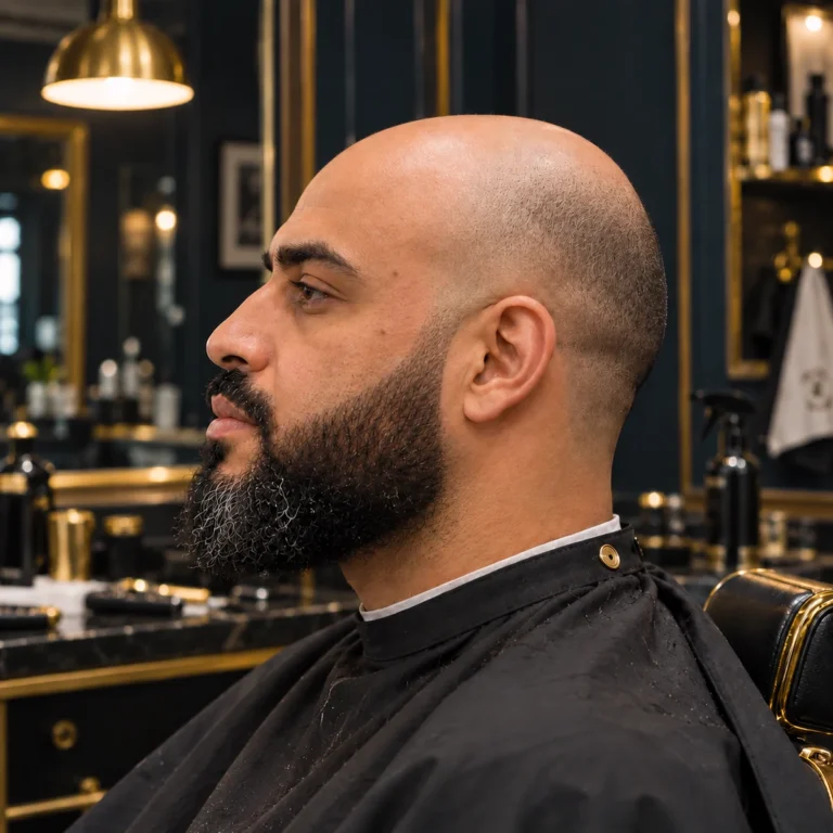 Eclipse fade très court avec sommet dégagé et barbe noire fournie