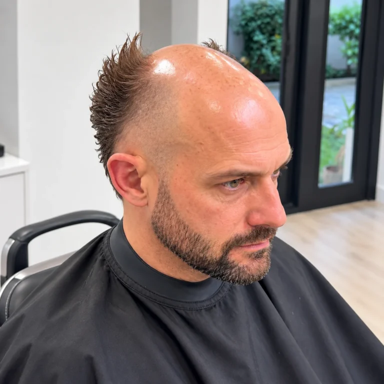 Sommet rasé avec cheveux courts dressés à l’arrière et barbe courte