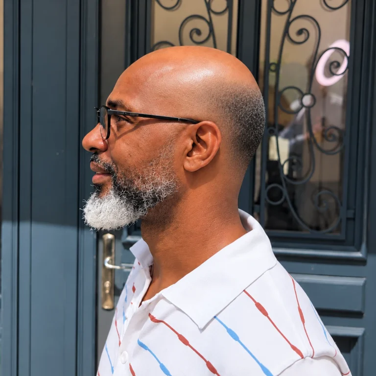 Dégradé doux sur une couronne poivre et sel, avec sommet dégagé et barbe grise