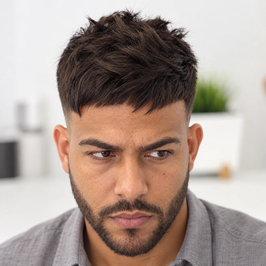 Crop brun texturé avec frange courte irrégulière et barbe nette