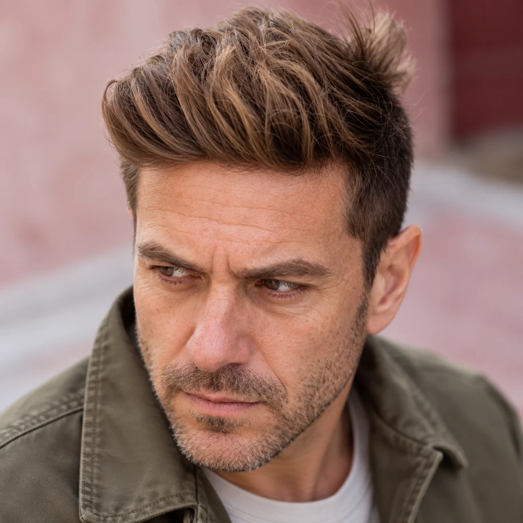 Mèches châtain relevées en quiff et front découvert