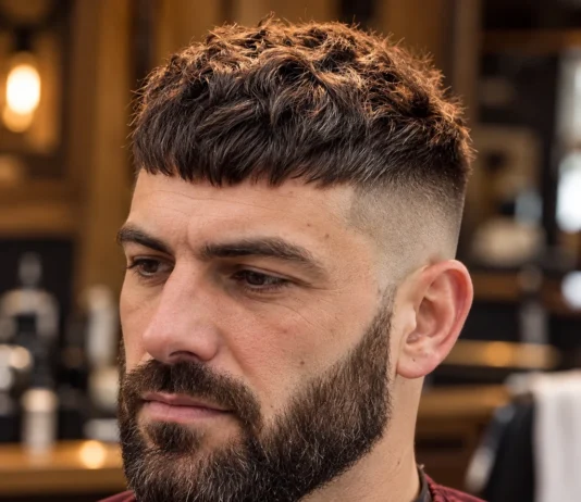 Crop texturé avec frange courte, côté fondu et barbe pleine