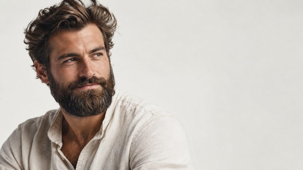 Homme aux cheveux ondulés et à la barbe fournie, portant une chemise claire.