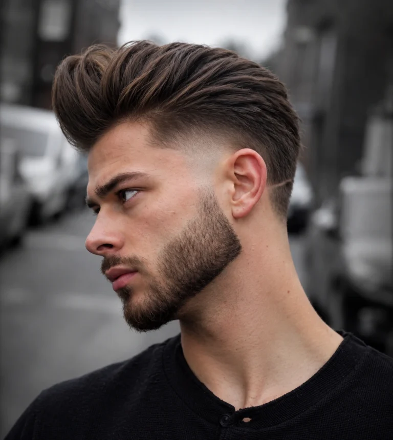 Quiff relevé avec dégradé à blanc et barbe courte