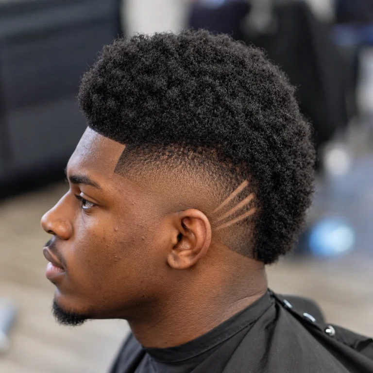 Mohawk afro arrondi avec trois traits rasés