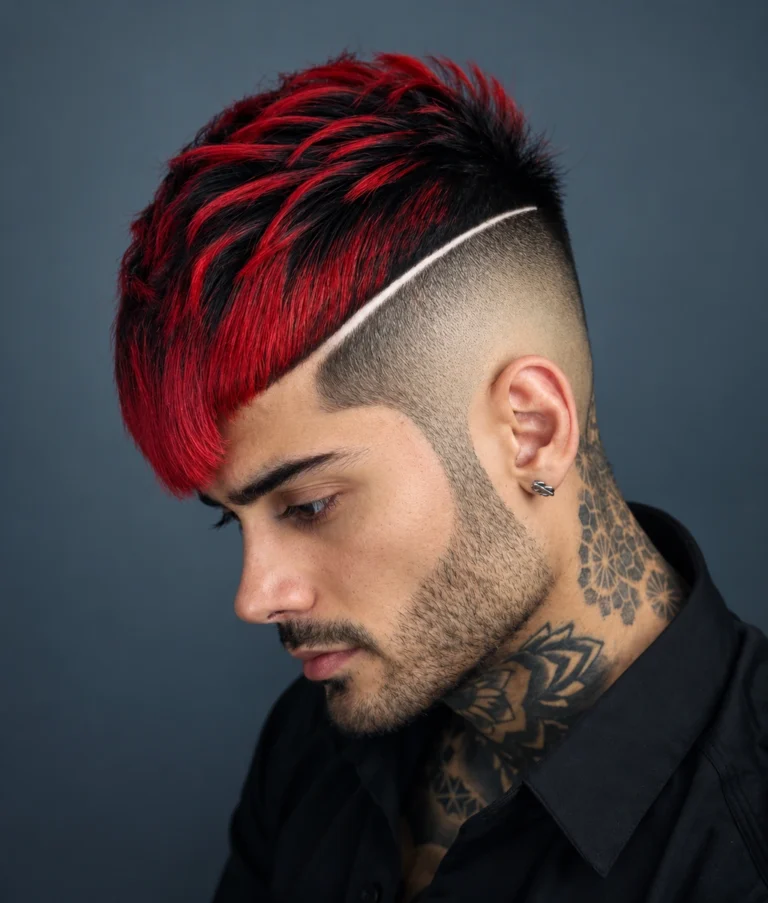 Frange rouge et noire avec raie courbe bien marquée