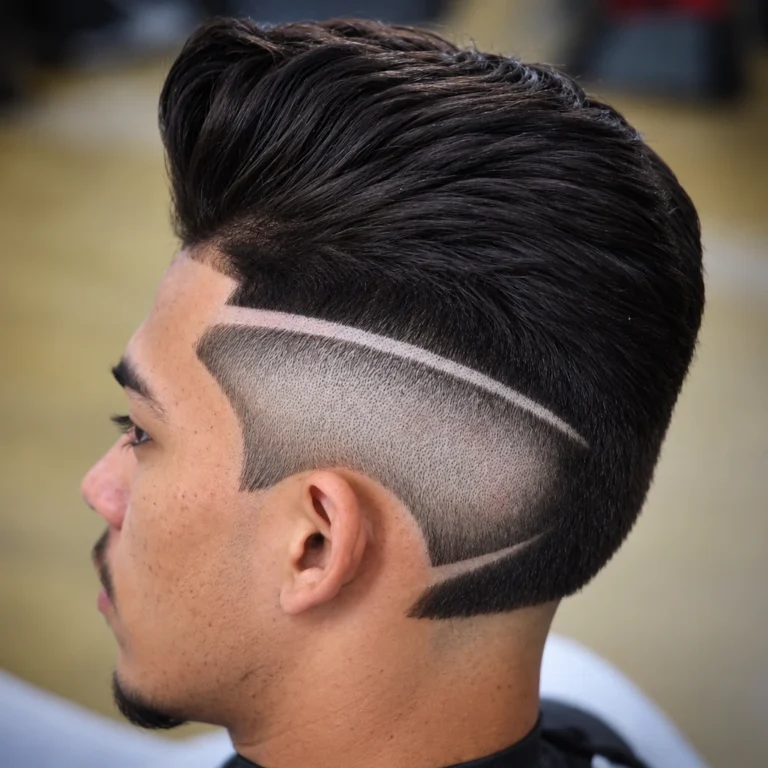 Pompadour avec bande latérale encadrée de lignes rasées