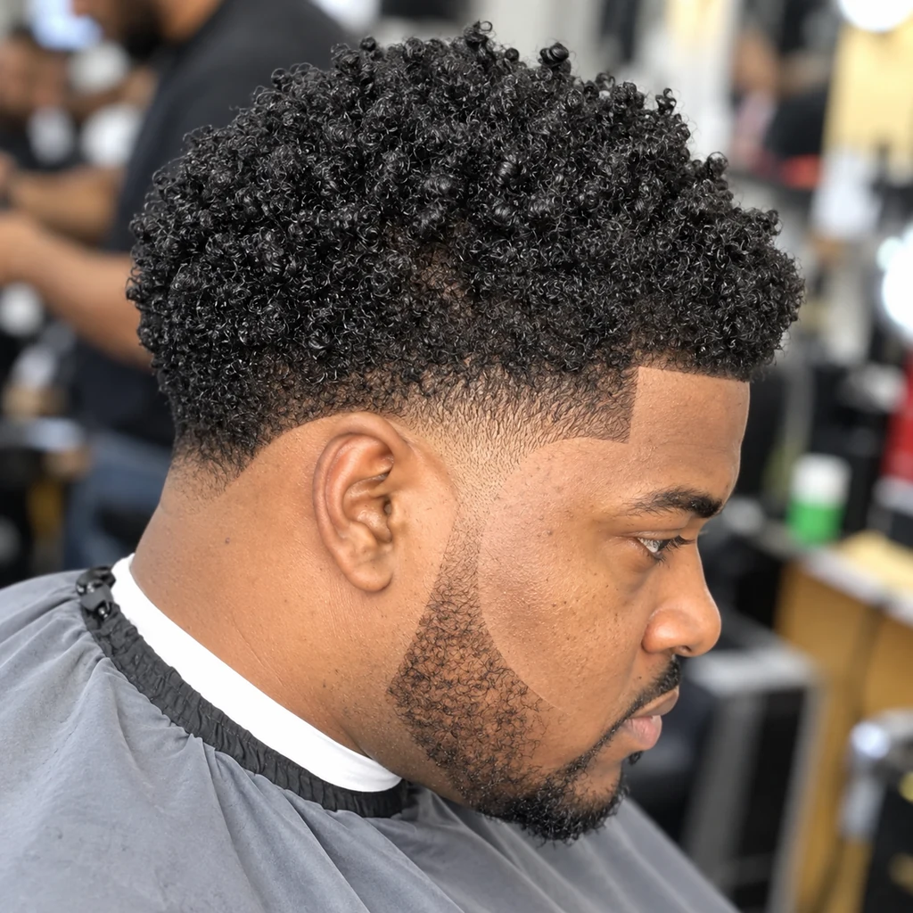 Coils afro courts, tempe fondue et barbe fine tracée