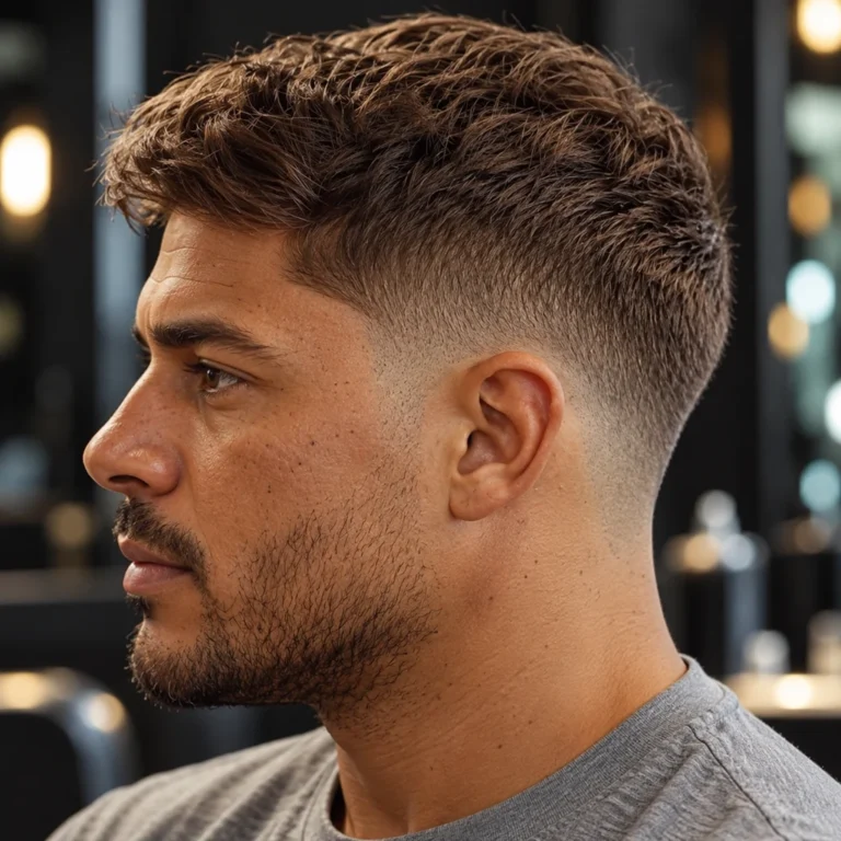 Profil aux cheveux bruns courts et texturés, avec fondu bas et barbe légère