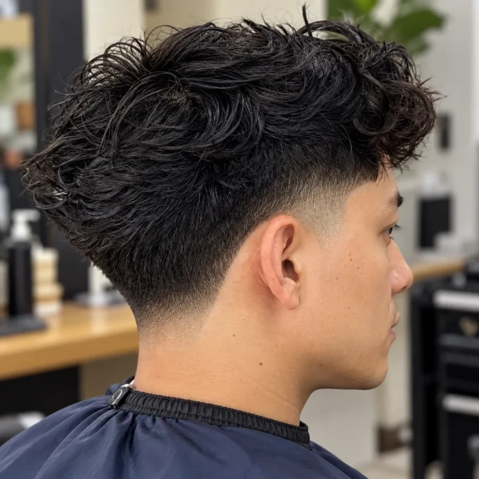 Vue arrière de cheveux ondulés épais avec fondu bas à la nuque