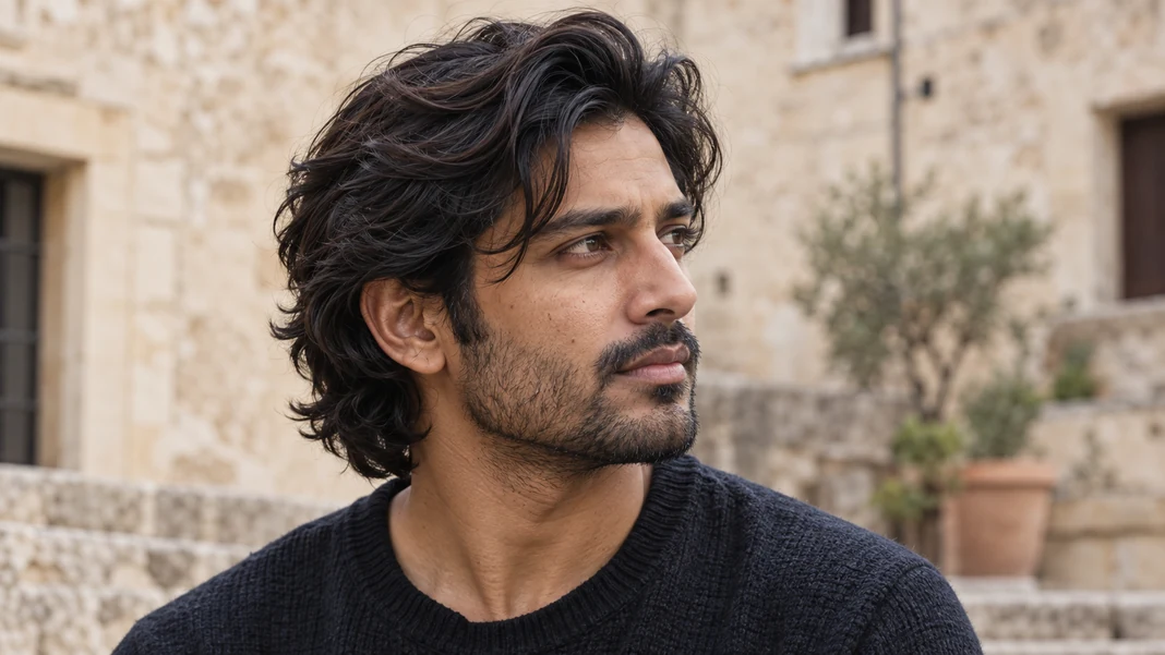 Coiffure homme avec cheveux mi-longs ondulés et mouvement naturel