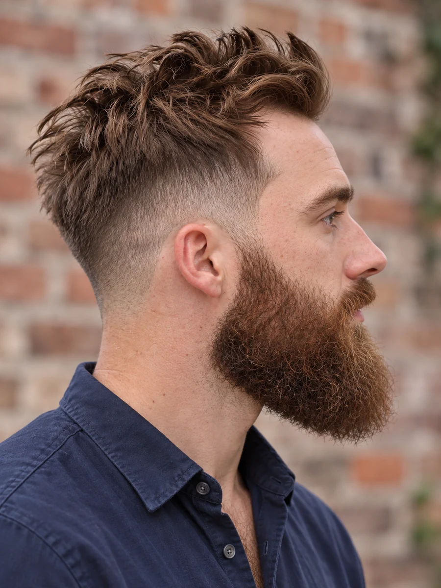 Profil avec mèches relevées, dégradé moyen et longue barbe
