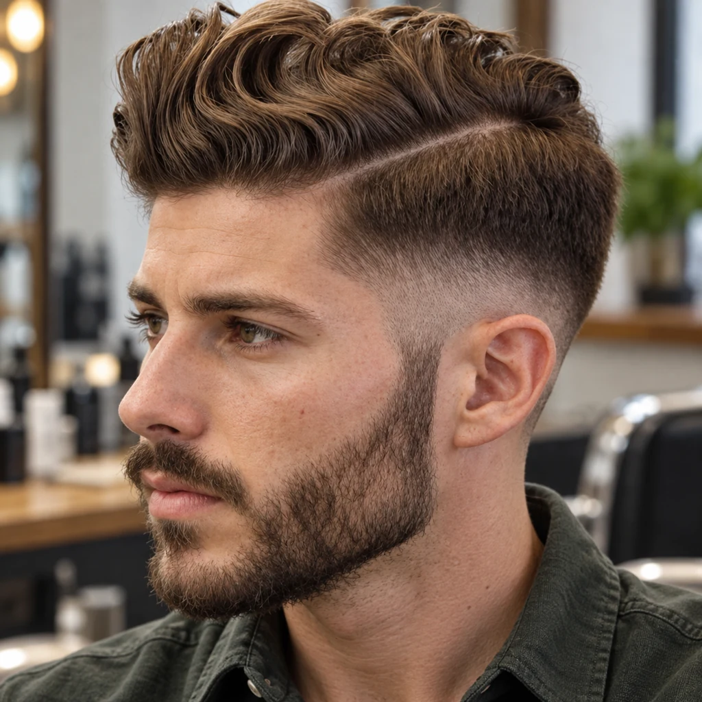 Cheveux ondulés avec raie tracée et fondu latéral progressif
