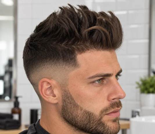Mid fade homme : choisir la hauteur et le contraste du fondu Mèches brunes relevées avec dégradé moyen et barbe courte