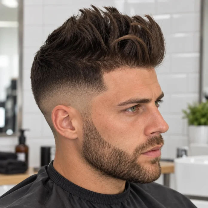 Mèches brunes relevées avec dégradé moyen et barbe courte