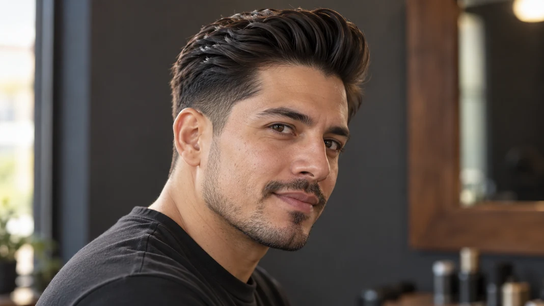 Pompadour avec volume coiffé vers le haut et l’arrière