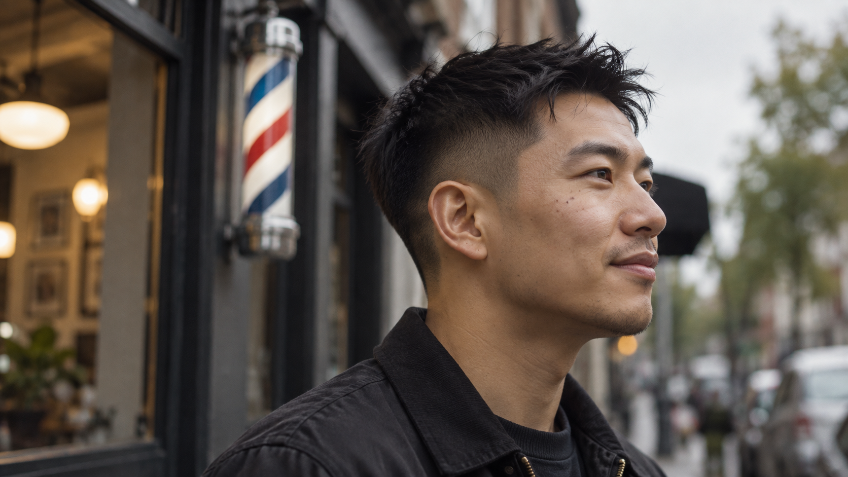 Homme aux cheveux texturés devant une vitrine de barbier